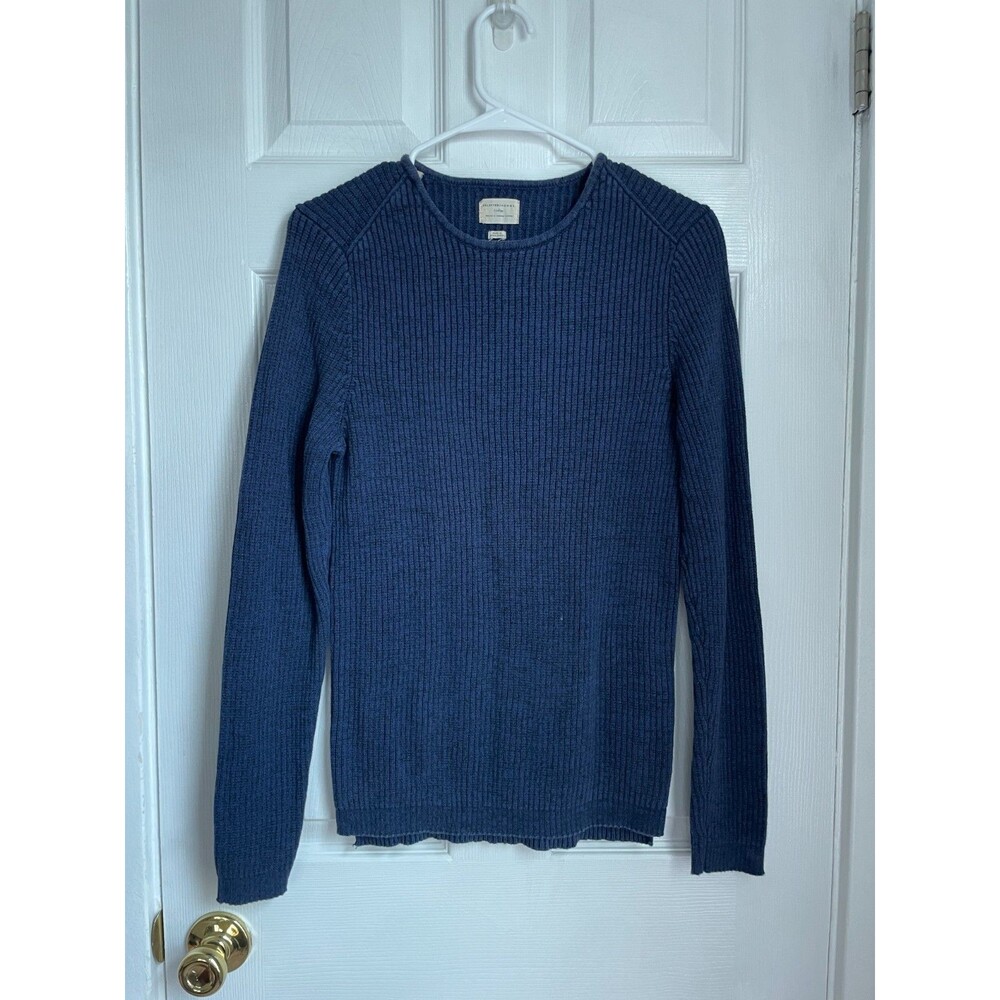 Selected Homme Indigo M Navy Blue Vertical Ribbed Knit Crew Pullover Sweater